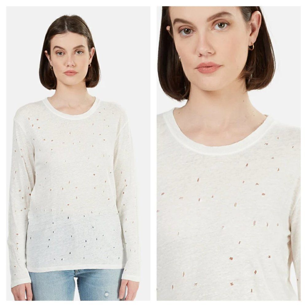 IRO Marvina Linen Long Sleeve Shredded Holes Tee in Ecru Cream Women's XS